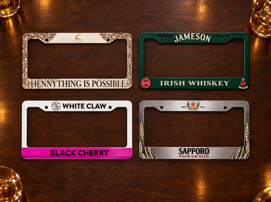 Hennything, Jameson, White Claw and Sapporo license plate frames