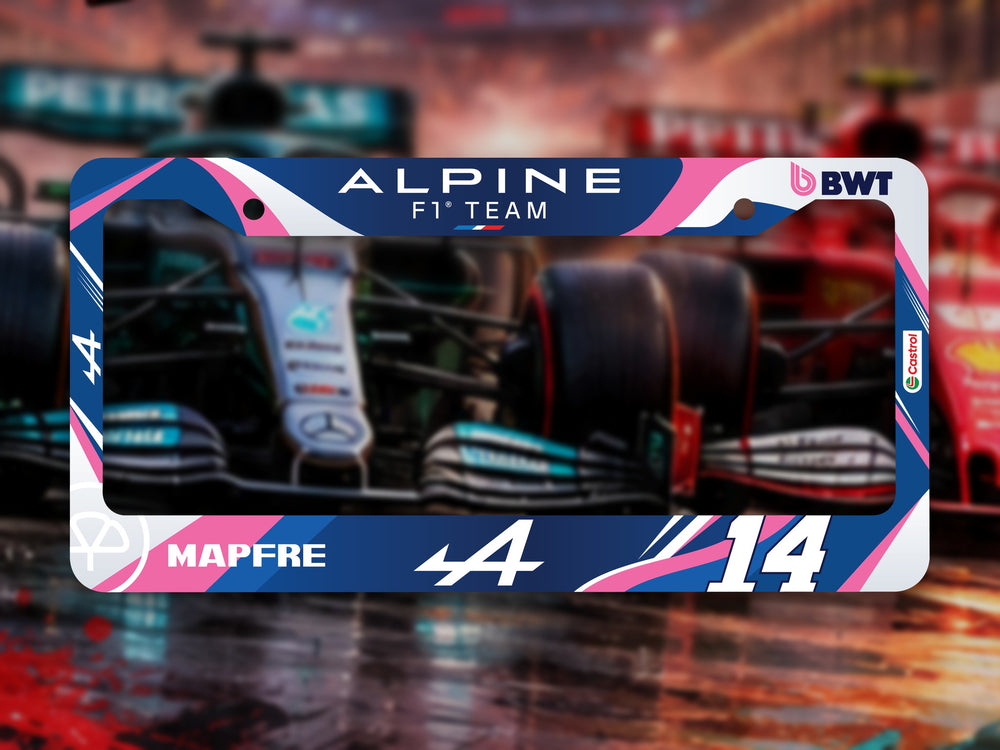 Blue and pink Alpine F1 Team #14 license plate frame in front of F1 cars on a wet track
