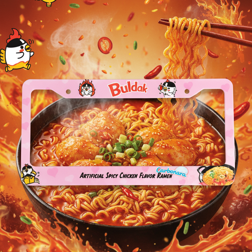 Pink Buldak spicy chicken carbonara ramen license plate frame with noodle bowl artwork