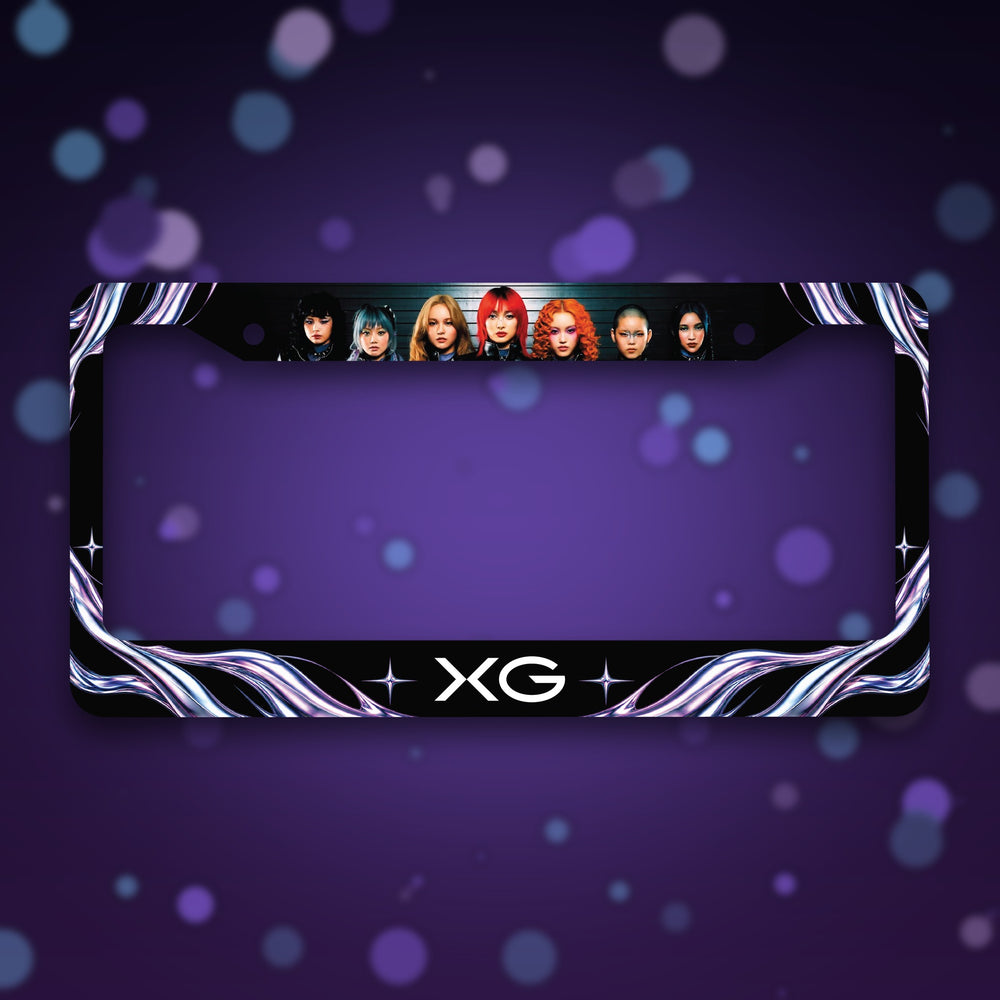 Black and chrome XG license plate frame on a purple bokeh background