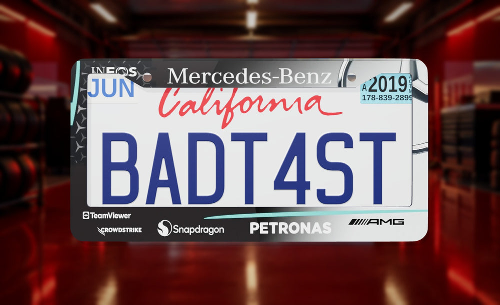 AMG Petronas Formula 1 Team (2026) license plate frame on a themed background