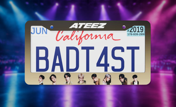ATEEZ license plate frame on a themed background