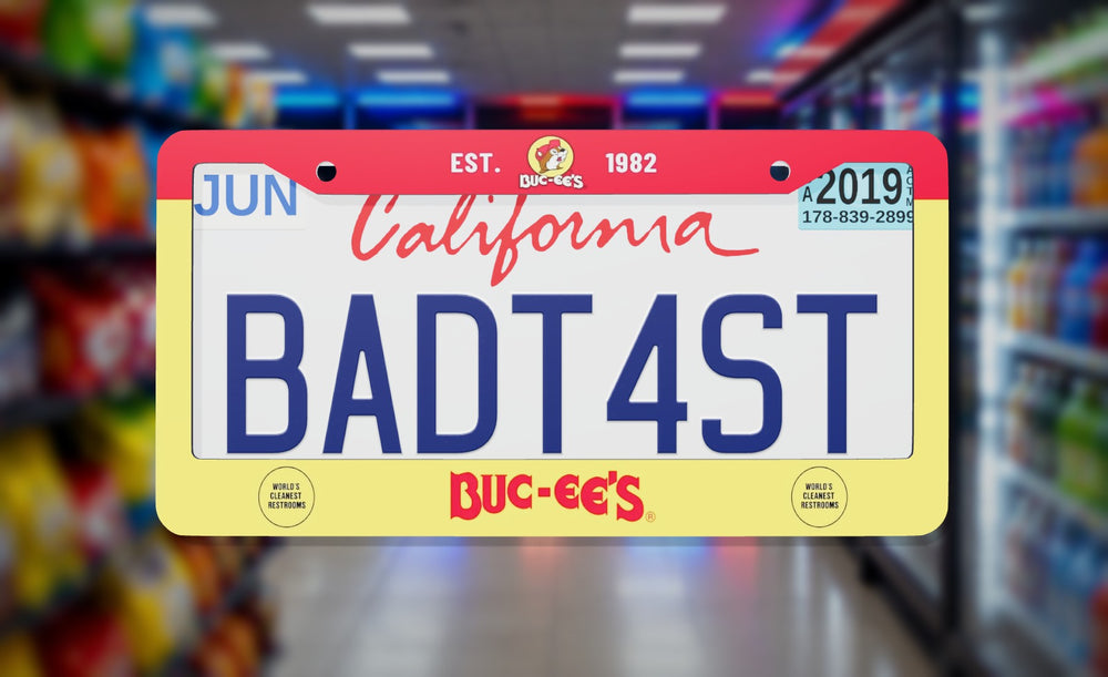 Buc-ee's Official license plate frame on a themed background