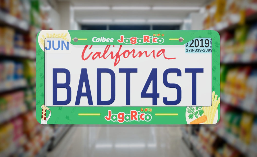 Calbee Jagarico license plate frame on a themed background