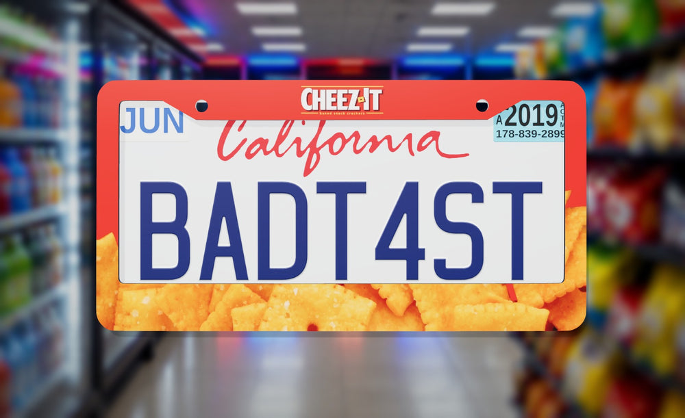 Cheez-It license plate frame on a themed background
