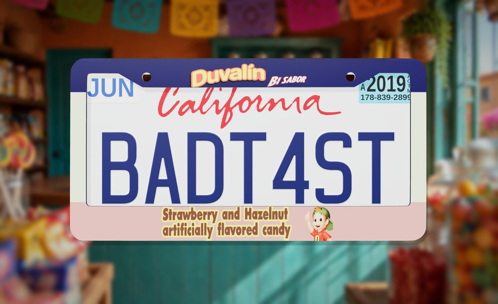 Duvalin license plate frame on a themed background
