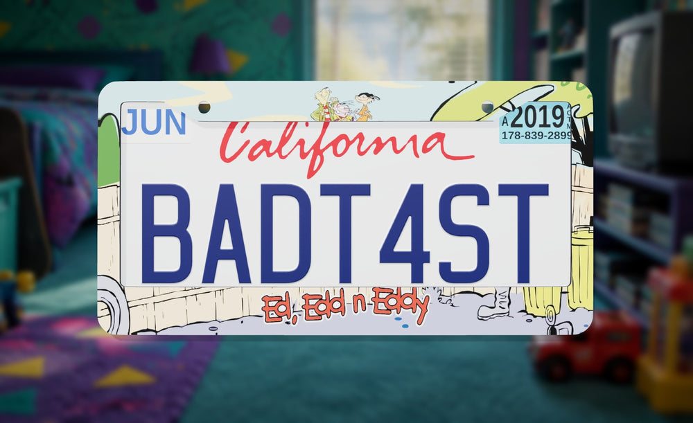 Ed Edd & Eddy license plate frame on a themed background
