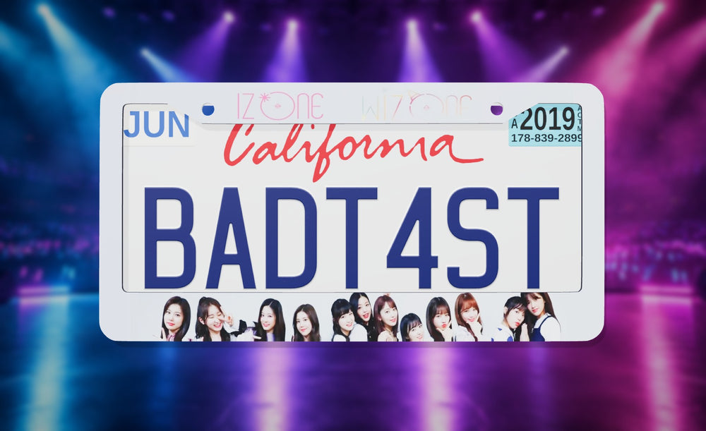 I*Zone Kpop license plate frame on a themed background