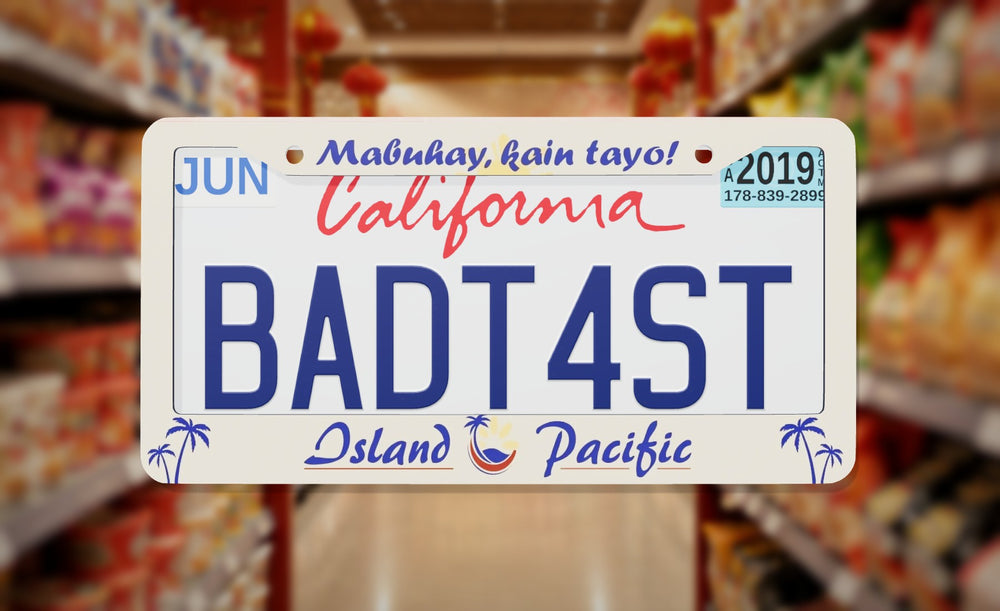 Island Pacific Supermarket license plate frame on a themed background