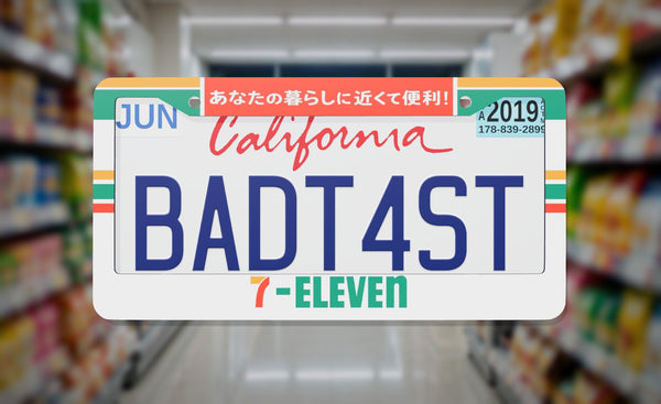 Konbini 7/11 license plate frame on a themed background