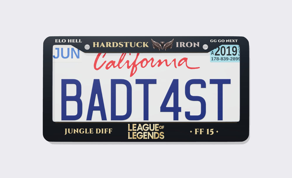 Black League of Legends memes license plate frame reading Elo Hell, Hardstuck Iron and GG Go Next on top, with Jungle Diff, League of Legends logo and FF 15 on the bottom, front view