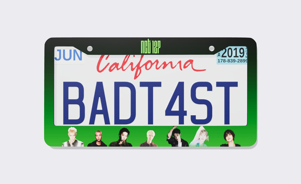 NCT 127 license plate frame with neon green NCT 127 logo on a black-to-green gradient border and seven member photos along the bottom, shown around a California demo plate