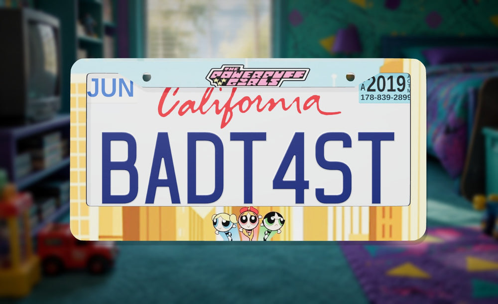 Powerpuff Girls license plate frame on a themed background