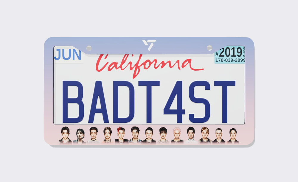 SEVENTEEN license plate frame with white SEVENTEEN logo on a rose quartz and serenity gradient border and thirteen member portraits along the bottom, shown around a California demo plate
