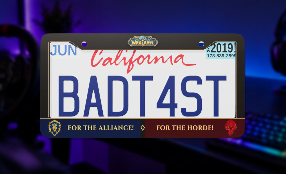 World of Warcraft license plate frame on a themed background