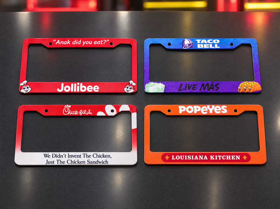 Jollibee, Taco Bell, Chick-fil-A and Popeyes license plate frames