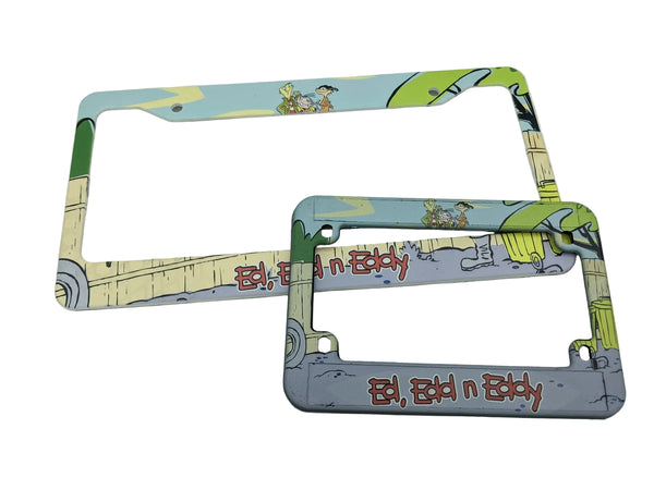Two license plate frames with 'Eddy, Eddy & Eddy' design on a white background