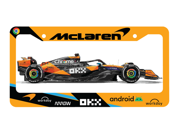 Orange and black McLaren F1 license plate frame with a 2025 race car