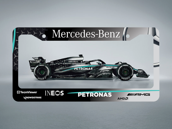 Black and silver Mercedes-Benz AMG Petronas F1 license plate frame with a 2025 race car