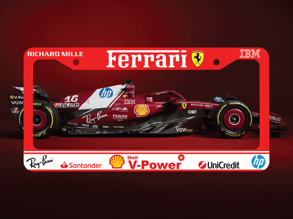 Red Scuderia Ferrari F1 license plate frame with a 2025 race car