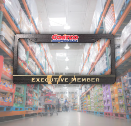 Black Costco Wholesale Executive Member license plate frame in a warehouse aisle