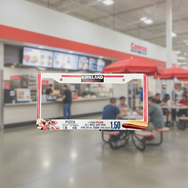 White Costco Kirkland food court license plate frame with $1.50 hot dog and pizza pricing