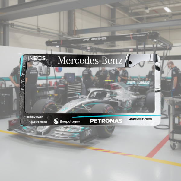 White and silver Mercedes-Benz AMG Petronas F1 license plate frame with a 2026 race car in the garage