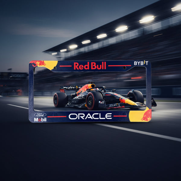 Navy blue Oracle Red Bull Racing F1 license plate frame with a 2026 race car on track