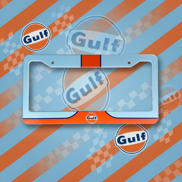 Blue and orange license plate frame on a gray surface