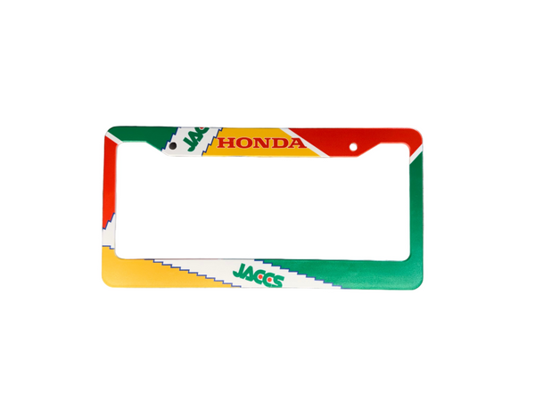 White JACCS Honda racing license plate frame with red green and yellow livery
