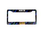 License plate frame with HKS and Super Oil branding on a gray surface
