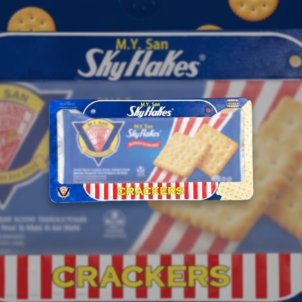 Blue M.Y. San SkyFlakes crackers license plate frame with cracker packaging
