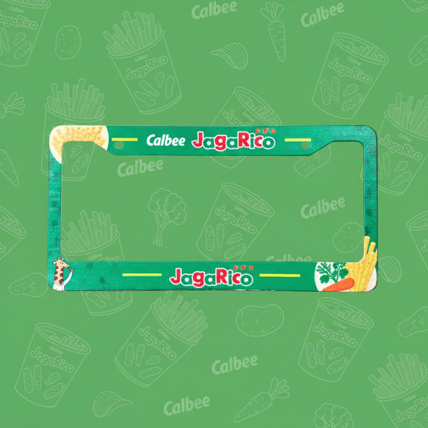 Green Calbee Jagarico license plate frame with potato stick snack artwork