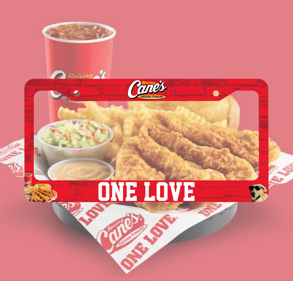 Red Raising Cane's One Love license plate frame with chicken fingers and a drink