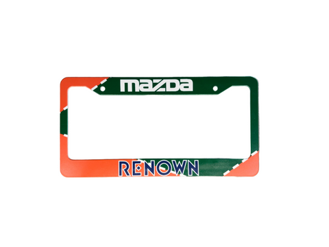 License plate frame with Mazda logo and 'Renown' branding on a gray surface