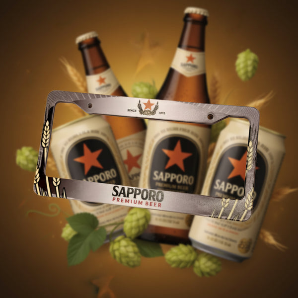 Chrome Sapporo Premium Beer license plate frame with bottles and hops