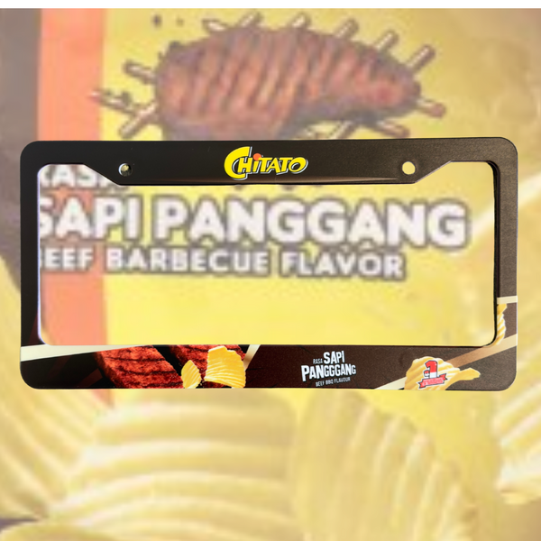 Black Chitato Sapi Panggang beef barbecue chip license plate frame with potato chip artwork