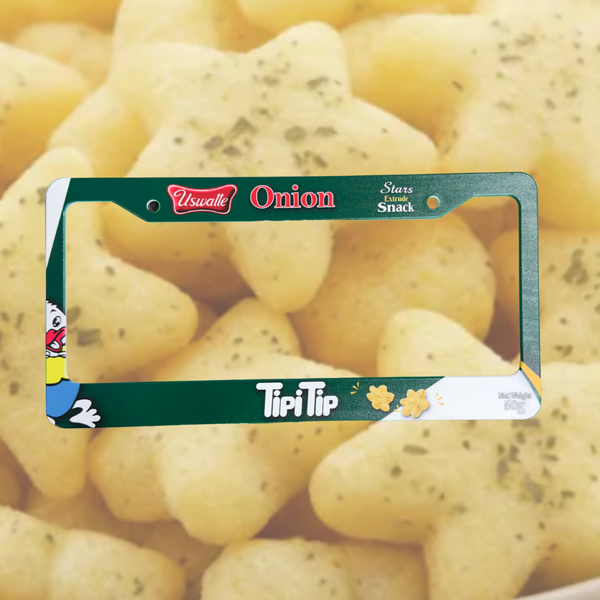 Green TipiTip Onion Stars snack license plate frame with corn puff snacks