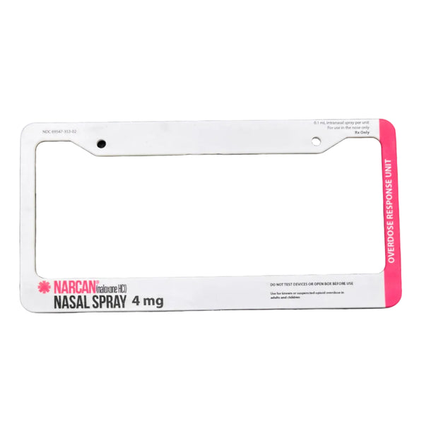 White and pink Narcan nasal spray license plate frame with medical label design