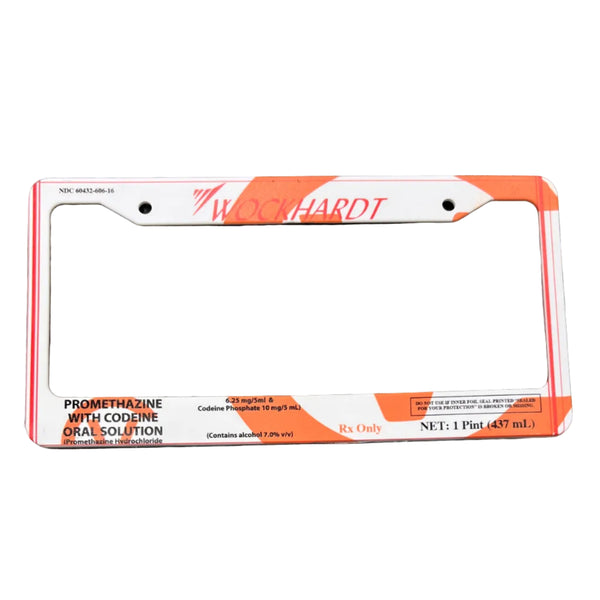 White and orange Wockhardt promethazine codeine license plate frame with medical label design