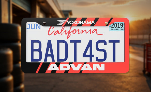 Advan Racing license plate frame on a themed background