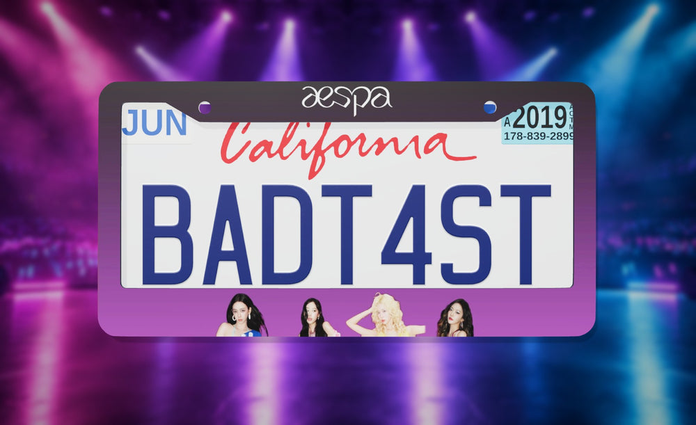 Aespa Kpop license plate frame on a themed background