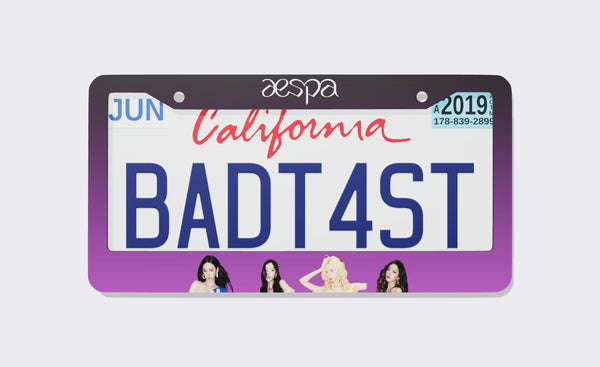 aespa license plate frame, 2026 edition, front view: dark plum-to-purple gradient frame with the aespa logo on top and member portraits along the bottom, shown on a California plate