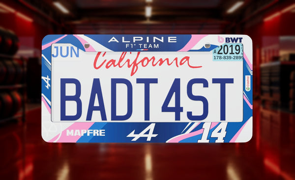 Alpine F1 Team (#14) license plate frame on a themed background