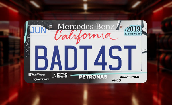 AMG Petronas Formula 1 Team (2025) license plate frame on a themed background