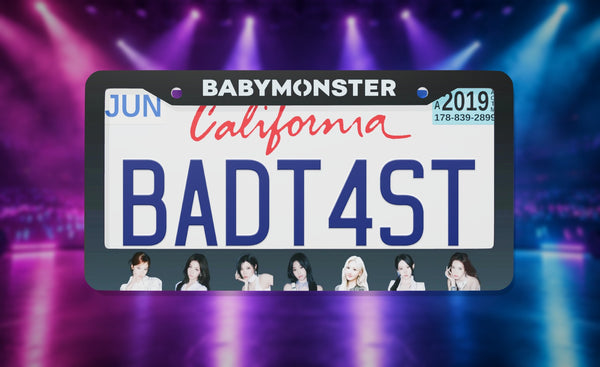 BABYMONSTER license plate frame on a themed background