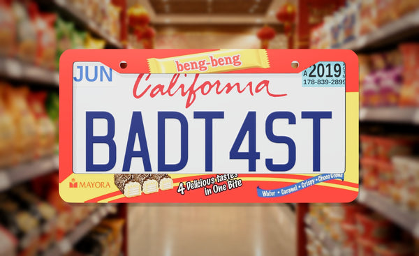 Beng Beng Chocolate license plate frame on a themed background