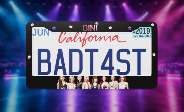 BINI license plate frame on a themed background