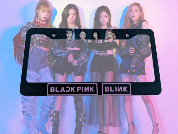 Black Blackpink Blink license plate frame with BLACKPINK and BLINK on the bottom band