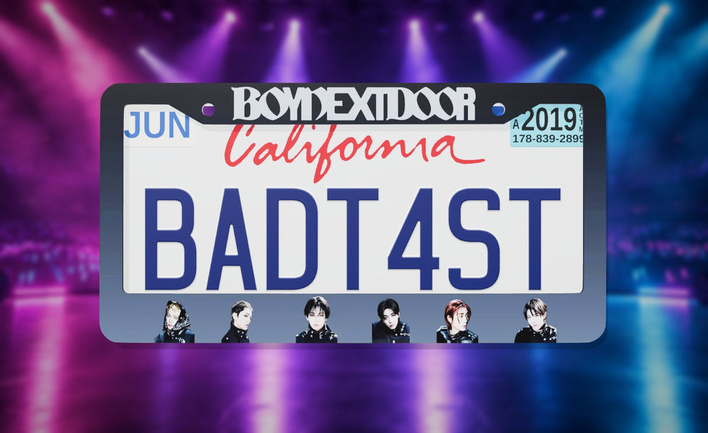 BOYNEXTDOOR license plate frame on a themed background